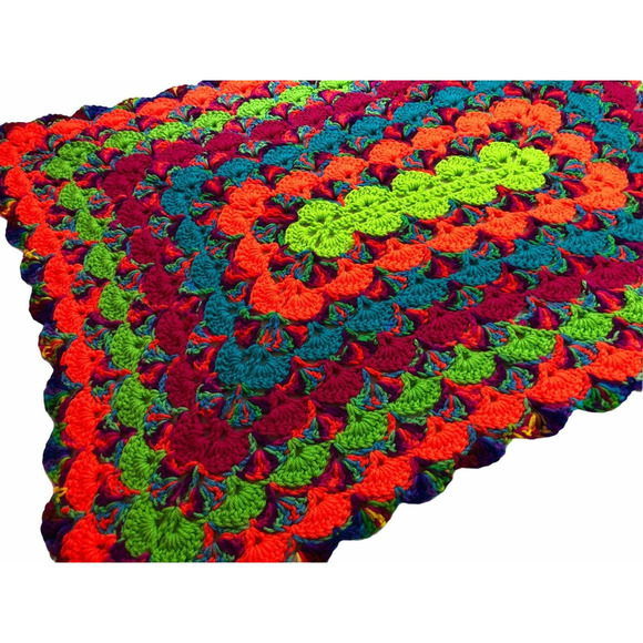 8055 neon multicolored hand knit Retro afghan throw blanket 40x31 - Picture 2 of 3